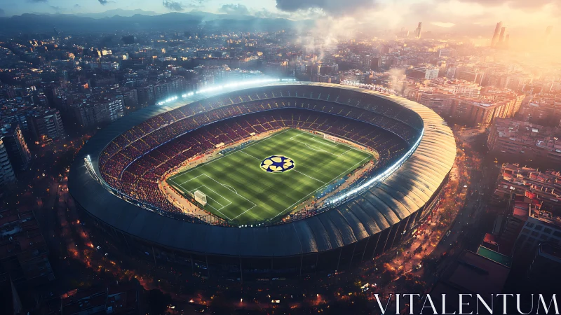 Sunset aerial view over packed city football stadium.