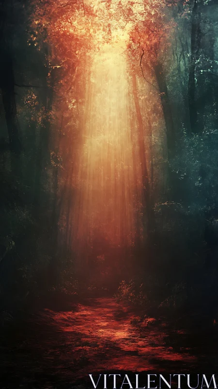 Ethereal forest path illuminated by golden radiance through dense canopy.