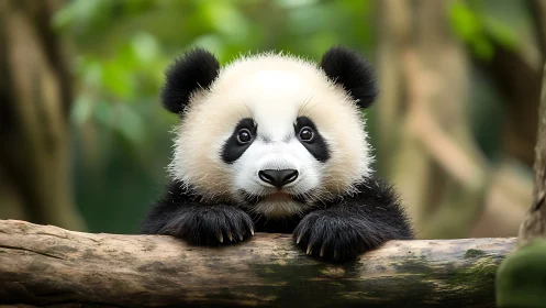 Baby panda leans on a tree log and looks directly forward
