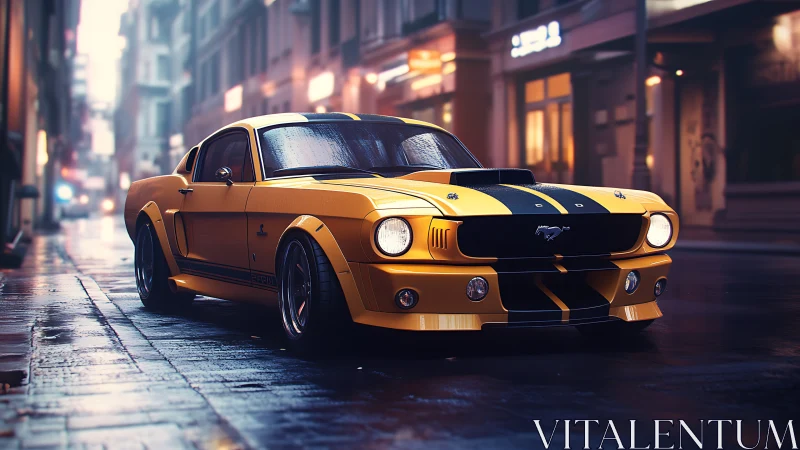 Restomod Mustang fastback rendered with wet asphalt reflections and DOF