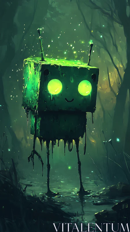 Glowing cube robot wanders bioluminescent swamp night.