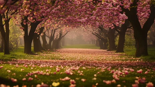 Cherry blossom trees forming a pink spring tunnel path.