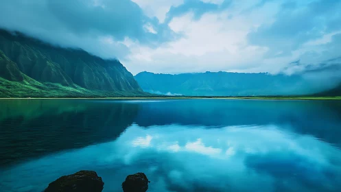 Aerial-symmetry mountain lagoon under stratified marine clouds.