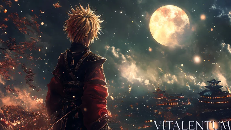 Moonlit young warrior quietly surveys a glowing fantasy city