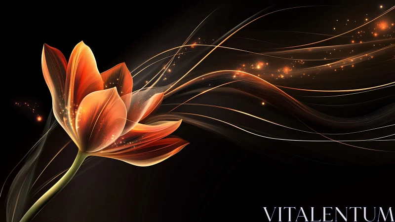 Digital Tulip with Flowing Light Streams Against Black