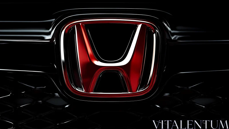 Bold red car emblem glowing against sleek black grille.