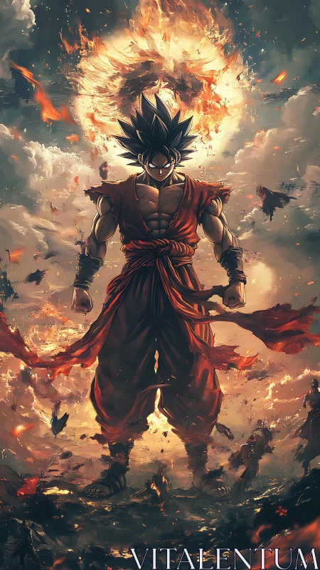 Powerful anime fighter stands amid fiery sky explosion