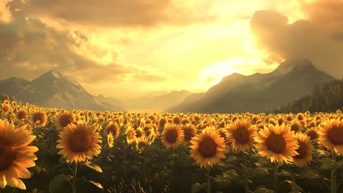 Sunflower field extends toward distant mountain range at sunset