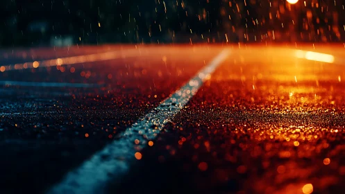 Wet road at night under orange streetlight rain glow.