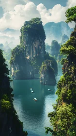 Vertical karst pillars rise from emerald fjord with layered aerial haze