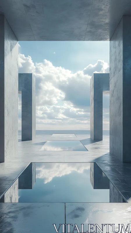 Concrete Structure with Rectangular Opening and Reflective Water Surface