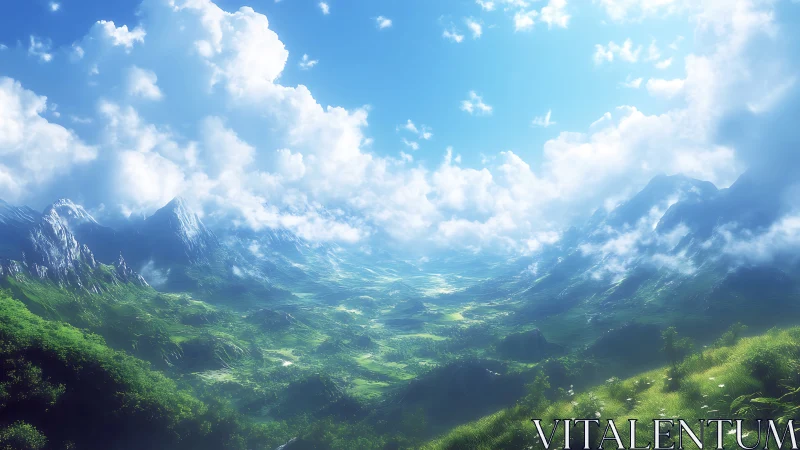 Volumetric cloudscapes above sunlit alpine valley basin