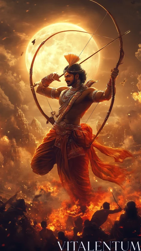 Mythic archer ascends before blazing lunar battlefield.