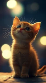 Orange Kitten Gazing at Moonlight. Magical Moment.