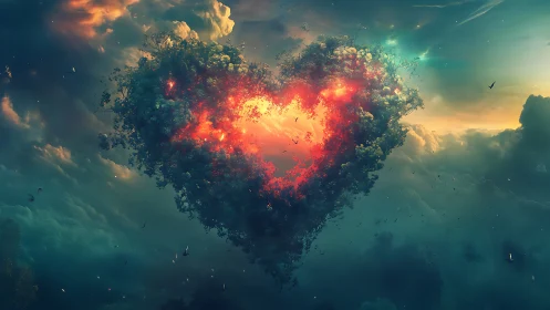 Floating Island Engulfed in Cosmic Fire and Light.