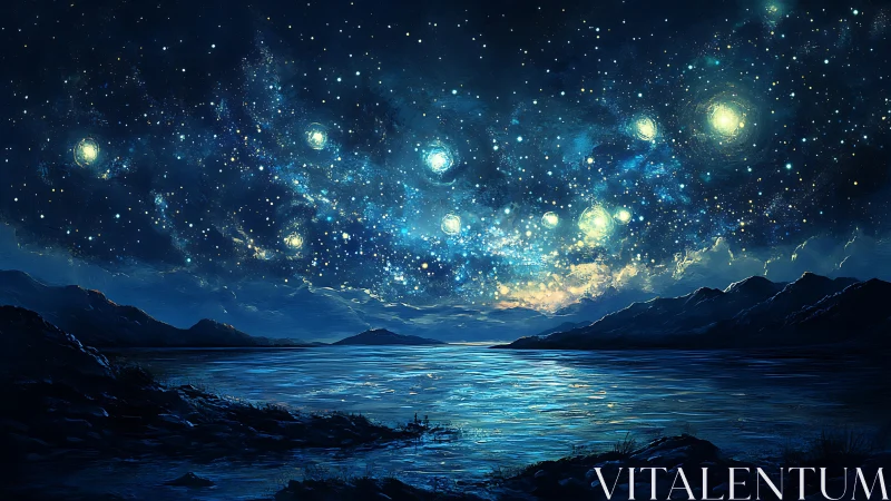 Starlit cosmic sky shimmers above a tranquil midnight lake