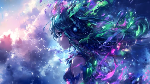 Nebulous anime profile dissolves into prismatic cosmic streaks