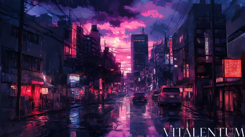 Neon city street glows softly under a dreamy pink sunset.