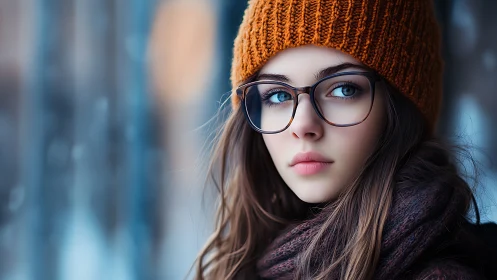 Winter portrait of young woman with glasses in shallow focus