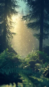 Radiant Woodland Corridor with Luminous Particles Through Ancient Forest