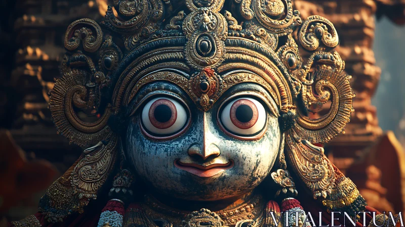 Ornate deity mask with gilded scrollwork and intense gaze.