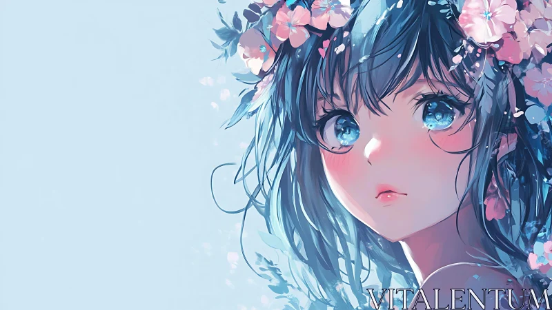 Portrait shows blue haired girl with floral head arrangement