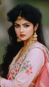 Ethereal bride in blush sari, draped in luminous gold grace.