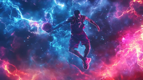 Basketball player midair in glowing cosmic nebula scene.