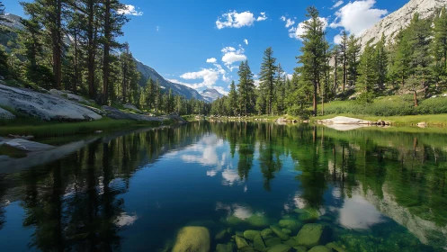 Mountain valley lake reflects conifer trees and distant peaks