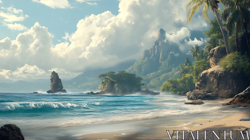 Tropical Coastal Landscape with Volcanic Peaks and Turbulent Ocean Waves