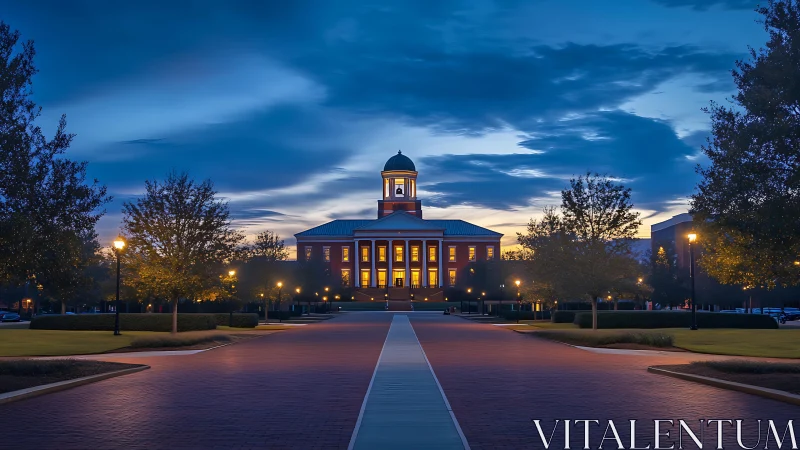 Symmetrical campus building with illuminated cupola at dusk