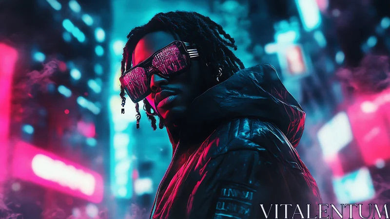 Neon night rider framed in electric city haze and chrome.