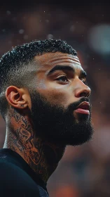 Side-profile portrait of tattooed athlete under stadium lights.