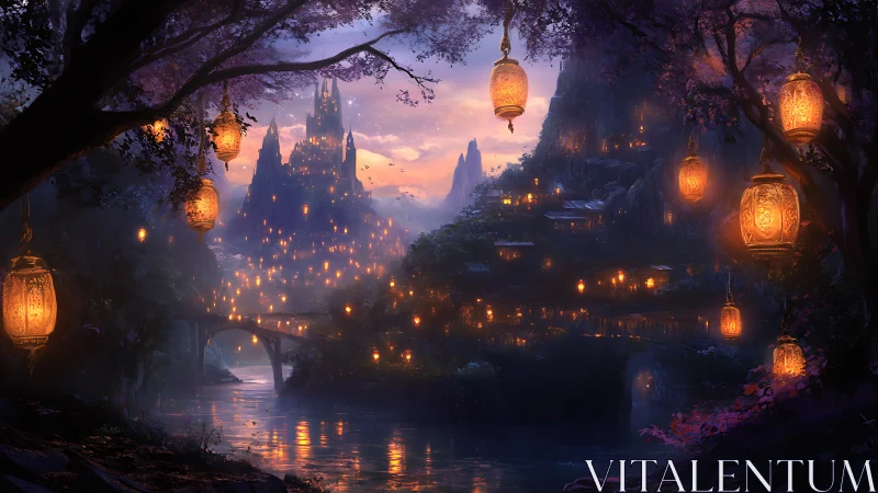 Lantern-lit river kingdom dreaming beneath violet twilight.