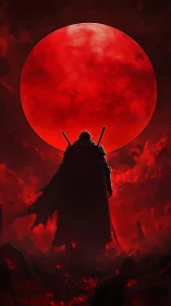 Scarlet moon crowns the lone blade-worn wanderer below