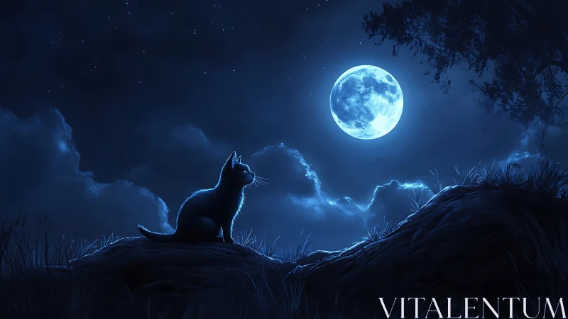 Silhouetted cat sits on hill beneath full moon at night