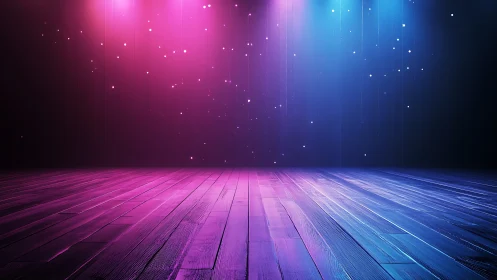 Neon-lit wooden stage under pink and blue spotlights.