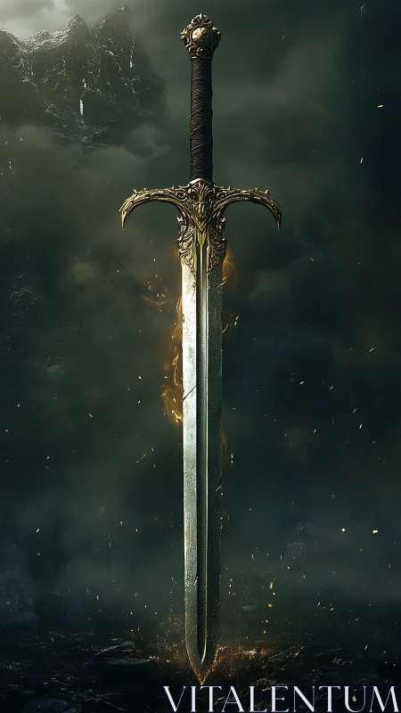 Enchanted greatsword hovers over embers in stormy gloom.