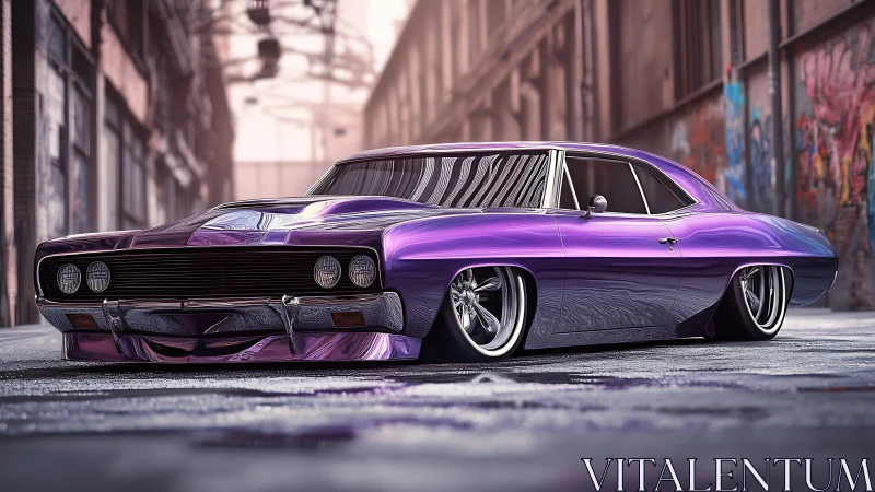 Glossy purple lowrider cruising a graffiti-splashed alley.