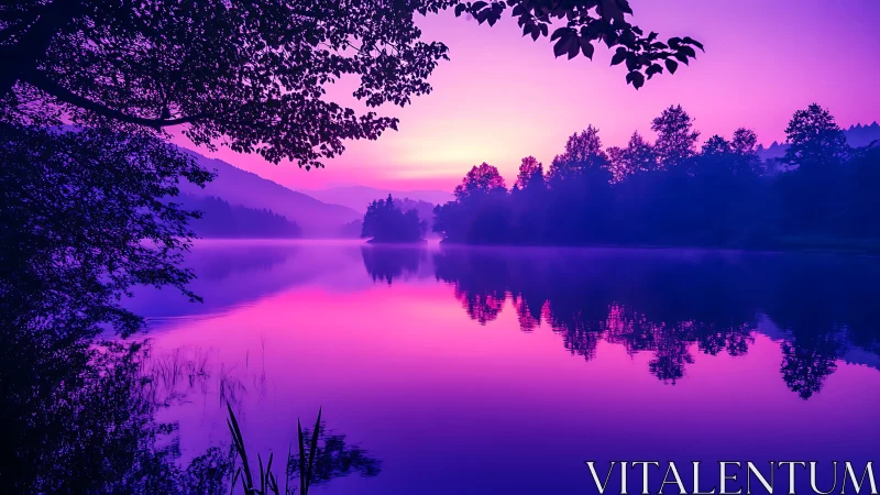 Vibrant violet lake sunset reflects silhouetted forest line