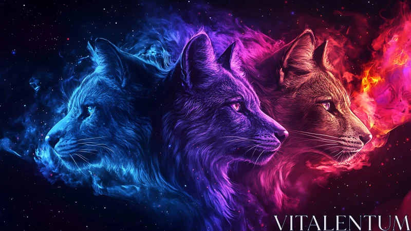 Triadic cosmic felines in neon chromatic spectrum alignment.