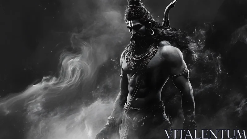 Powerful warrior in swirling shadow and sacred calm.