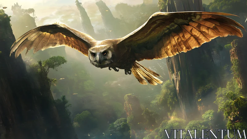 Majestic owl soaring over lush fantasy canyon landscape in sunlight.