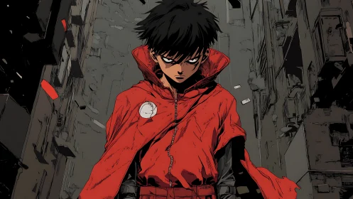 Defiant urban youth in red cloak within decayed megastructure