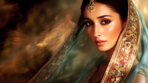 Digital painting portrait with ornate embroidered veil focus.