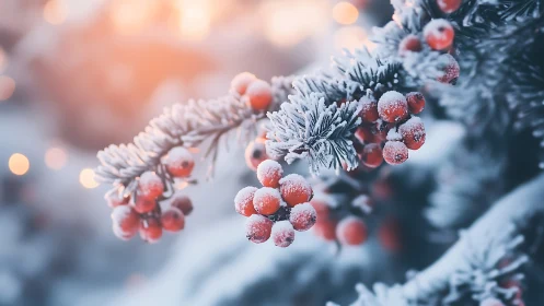 Snow covered red berries on winter evergreen branch.