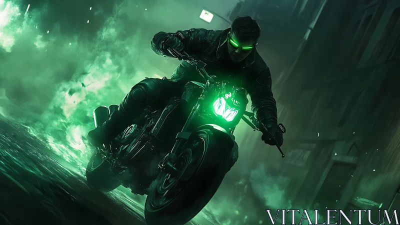 Neon street rider charges forward through glowing green smoke