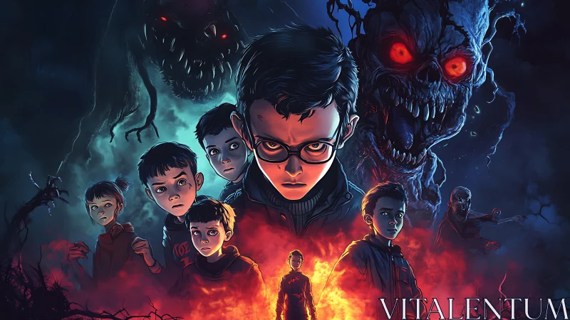 Group of youths facing monstrous figures in fiery landscape.