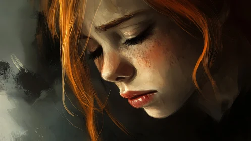 Melancholic close-up portrait of red-haired young woman.