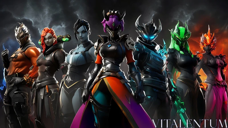 Armored cyber warriors posed in cinematic rainbow lighting.